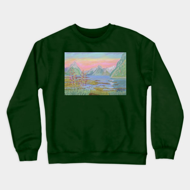 Colorful sunset in Milford Sound, New Zealand Crewneck Sweatshirt by Anton Liachovic